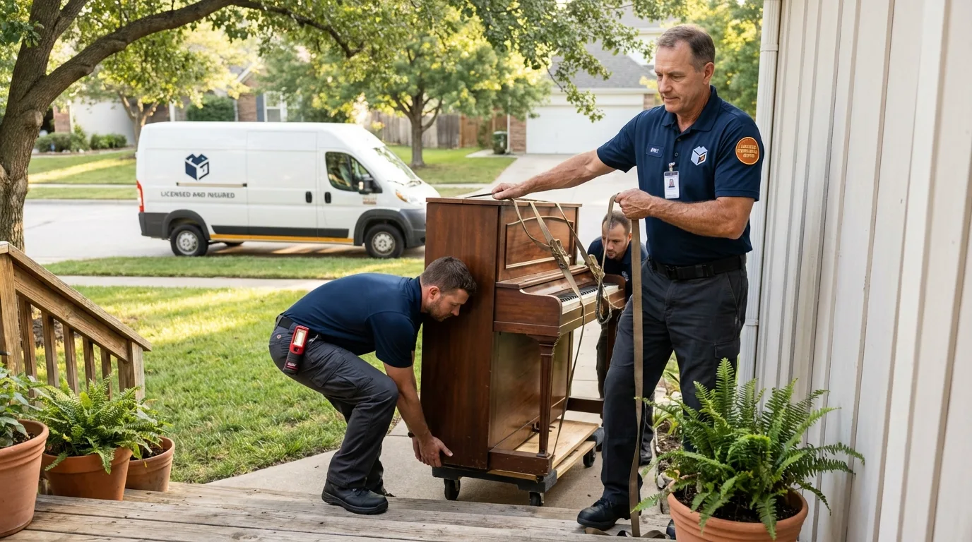 Licensed piano movers securing grand piano in Newton, MS