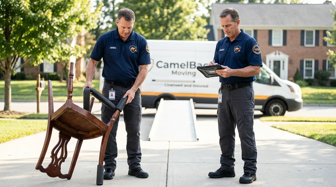 Movers inspecting furniture for damage prevention before loading in Newton, MS
