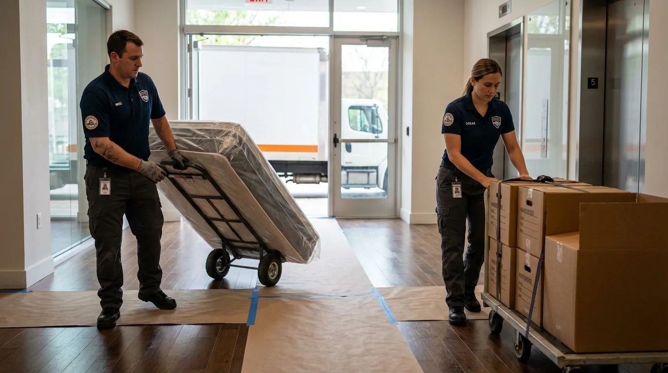 Professional apartment movers loading elevator in Newton, MS